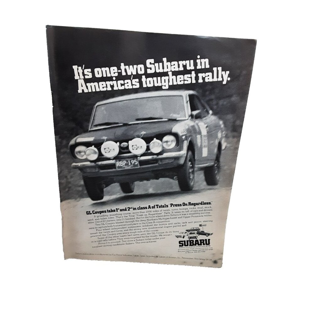 1973 Subaru Rally Car Ad Vintage GL Coupe Press On Regardless Print Ad